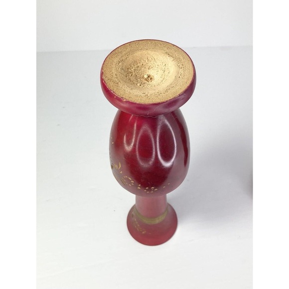 2 Matching Handmade & Painted Red Wooden Vases w/Applied Gold Floral Motif 10.5” - Picture 6 of 8